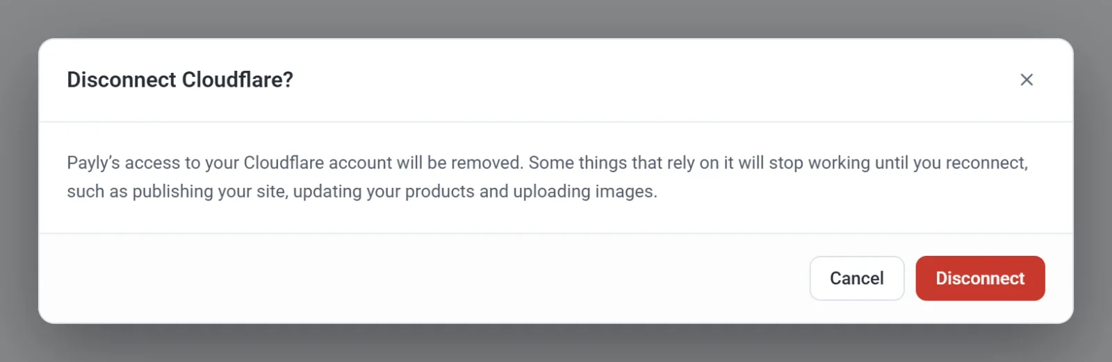 The Disconnect Cloudflare confirmation, which says some things will stop working until you reconnect, such as publishing your site, updating your products and uploading images
