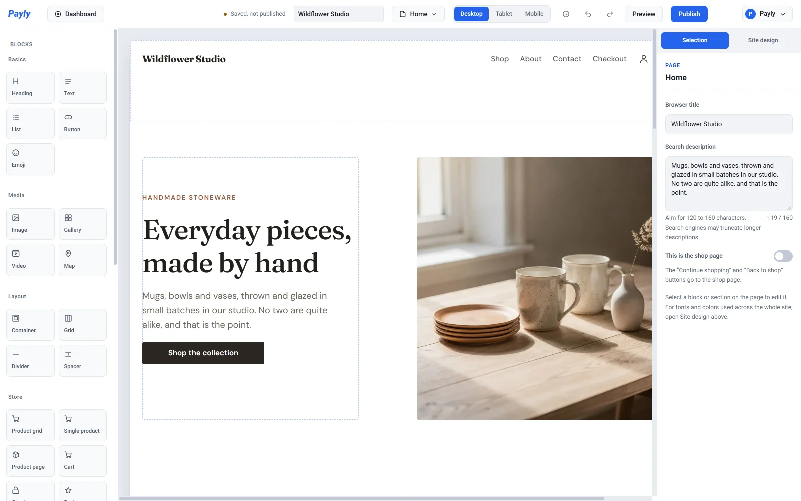 The editor showing the new Wildflower Studio site with the Ceramics studio design, marked Saved, not published