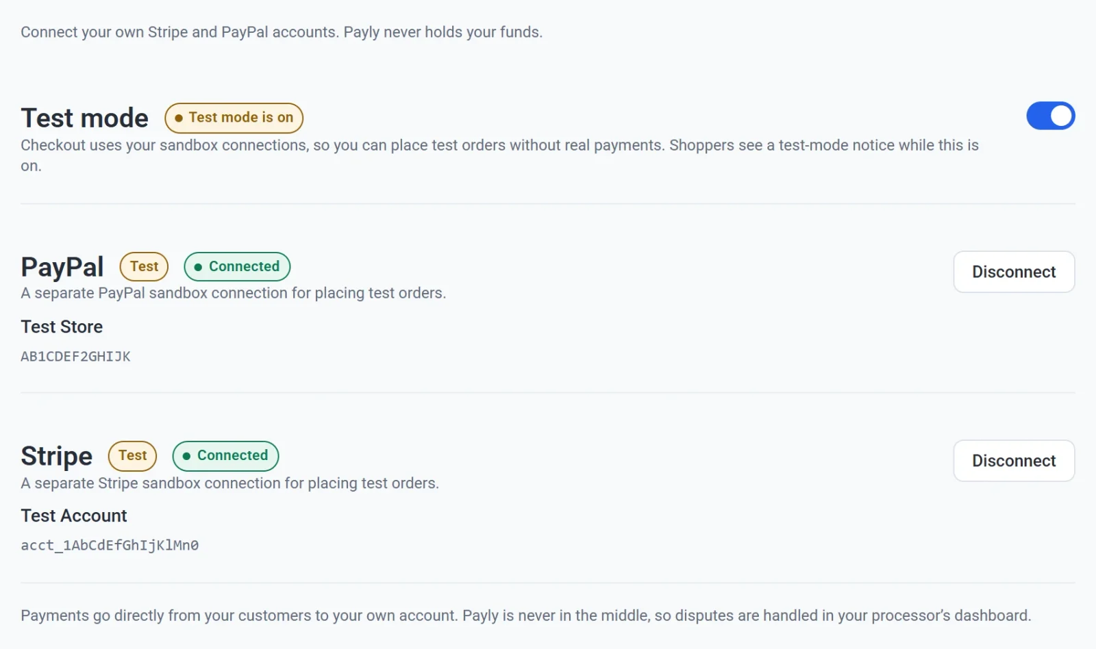 The Payments tab, with a note at the bottom saying that payments go directly from your customers to your own account