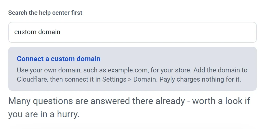 The Search the help center first box on the contact page, with custom domain typed in and the article Connect a custom domain shown as a result