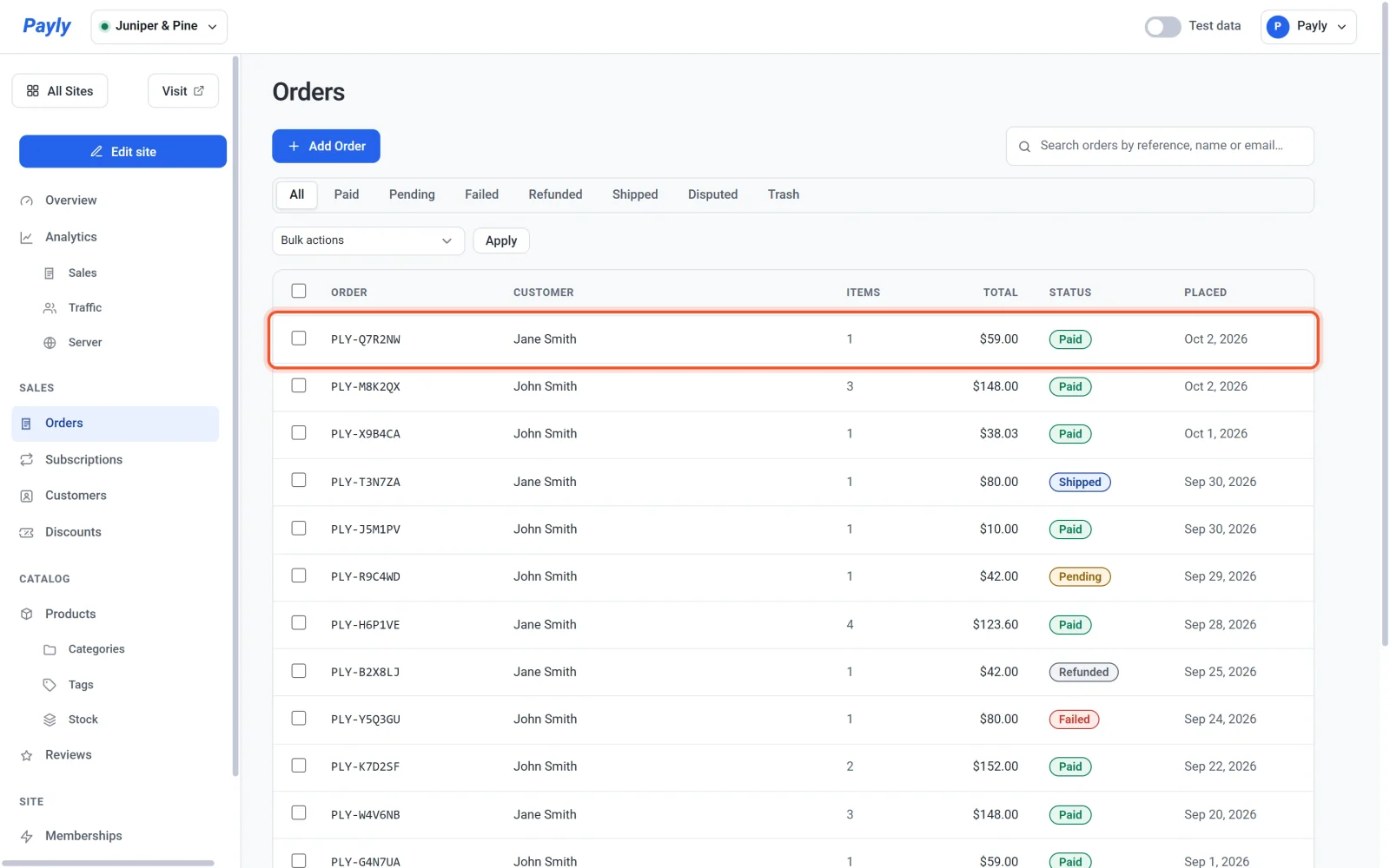 The Orders screen with the newest order, a $59.00 payment from Jane Smith marked Paid, highlighted at the top of the list