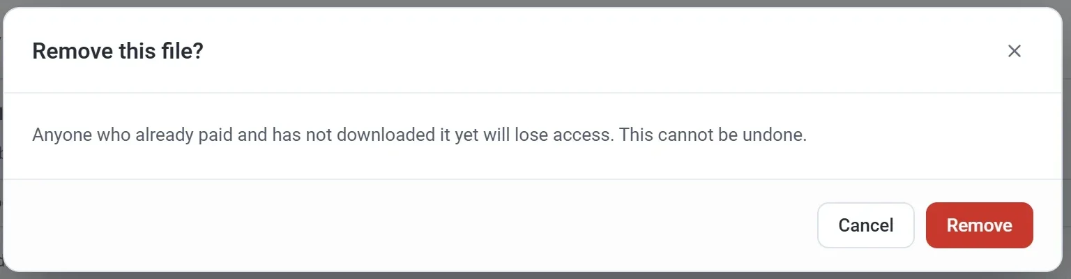 The Remove this file dialog, warning that anyone who already paid and has not downloaded it yet will lose access, with Cancel and Remove buttons
