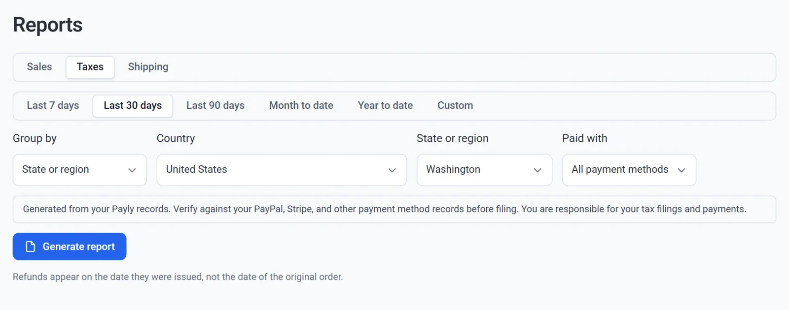 The Taxes report set to group by State or region for Washington, United States, with the note about checking your records before filing