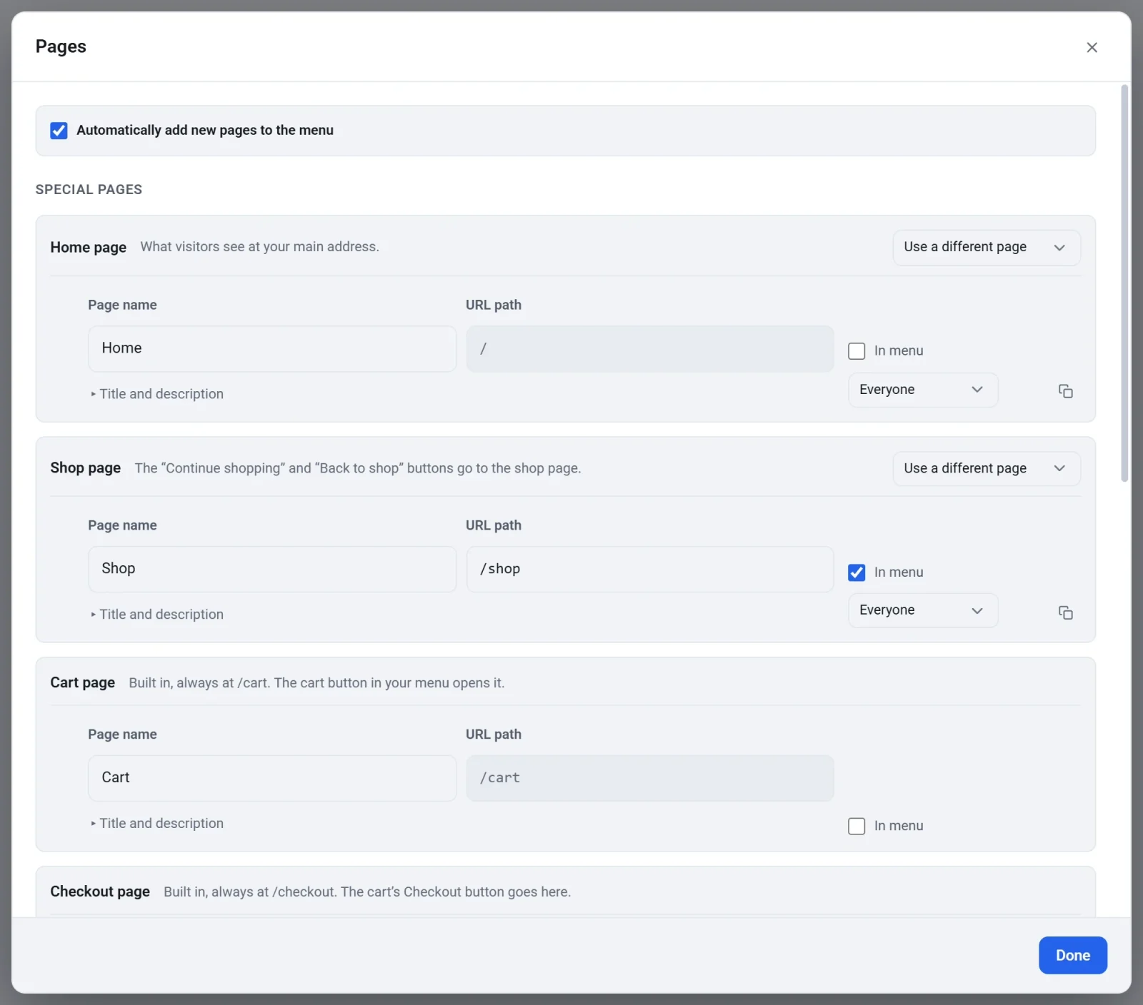The Pages window with the Home page and Shop page rows under Special pages, each with a Use a different page menu