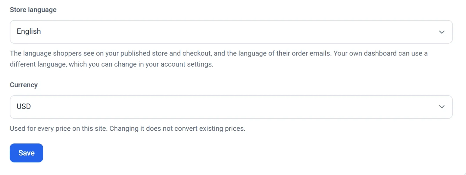 The Store language list set to English and the Currency list set to USD, above the Save button