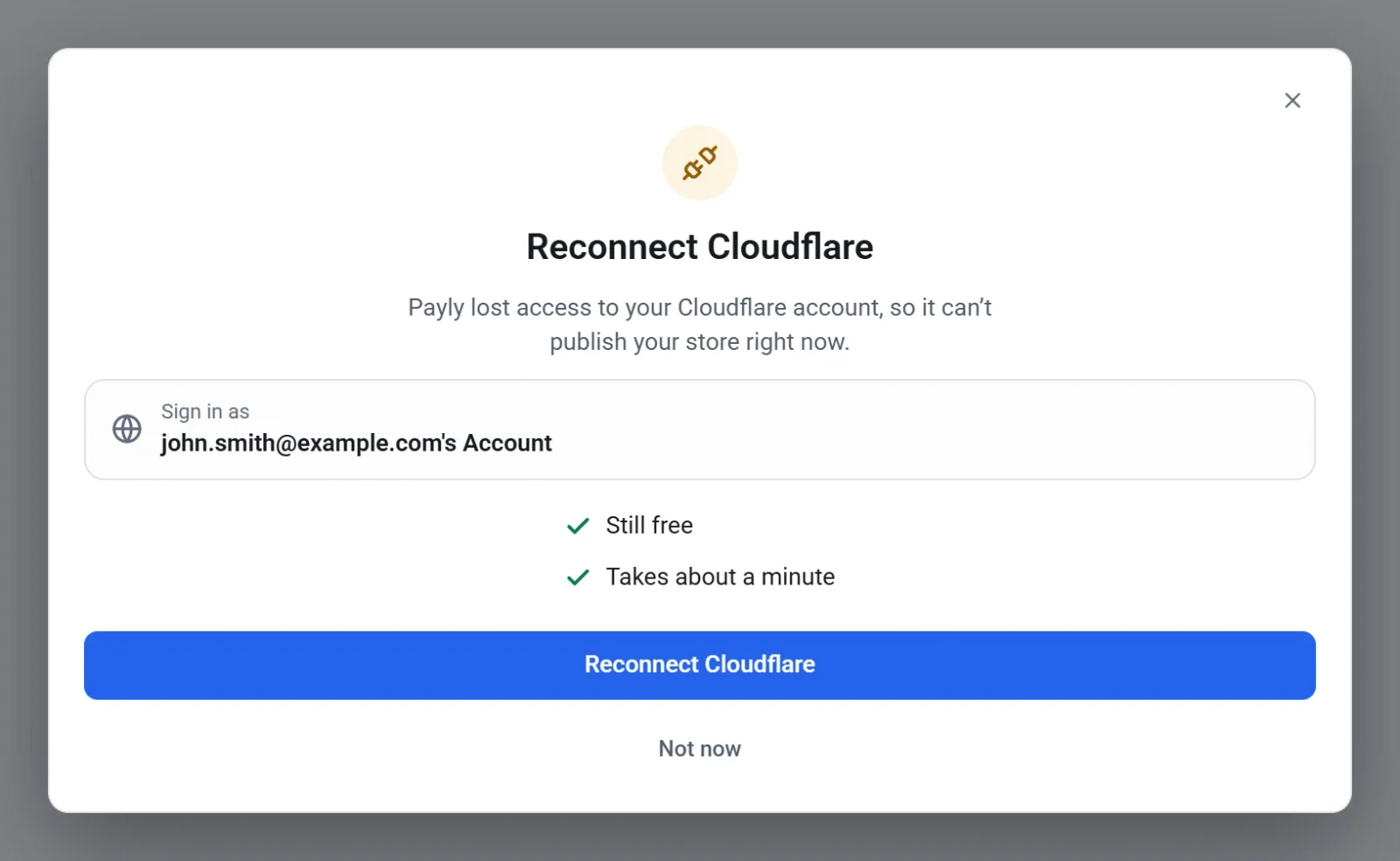 The Reconnect Cloudflare window, with a Sign in as card showing the Cloudflare account name, the Reconnect Cloudflare button and a Not now link