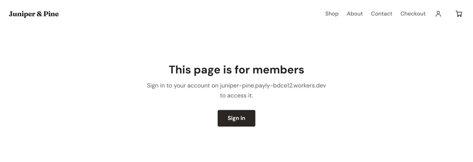 A members-only page opened by a visitor who is not signed in: the store's header, the message This page is for members, a line telling them to sign in to their account, and a Sign in button