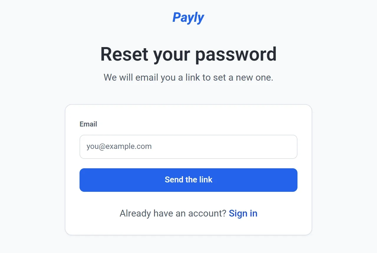 The Reset your password page with an email field and a Send the link button