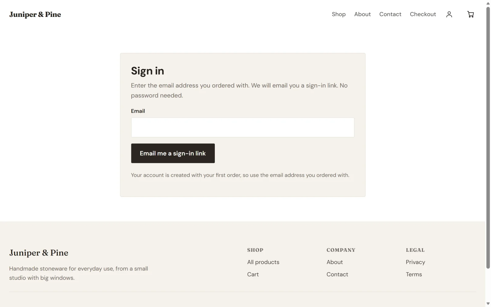 A store's sign-in page asking for the email address used to order, with the person icon in the store header