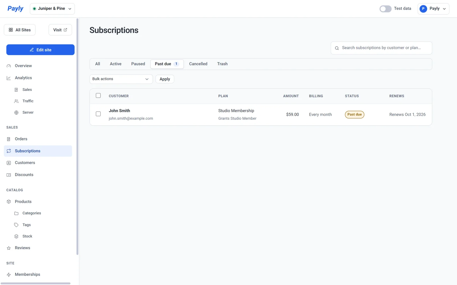The Subscriptions screen with the Past due tab selected, listing John Smith's Studio Membership with a Past due status