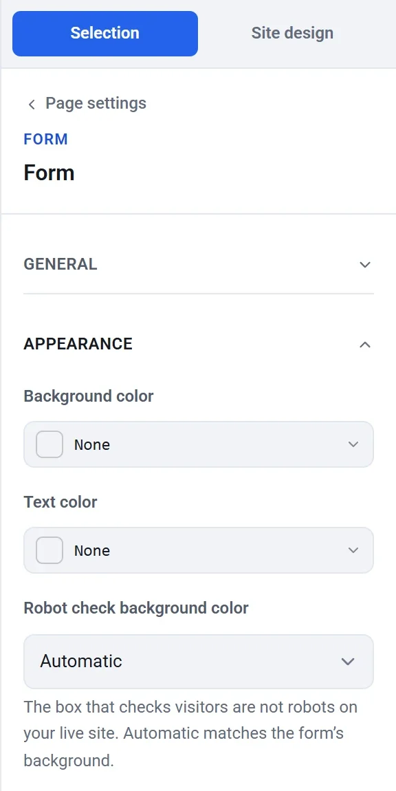 The Appearance settings of a selected form block, with the Robot check background color set to Automatic