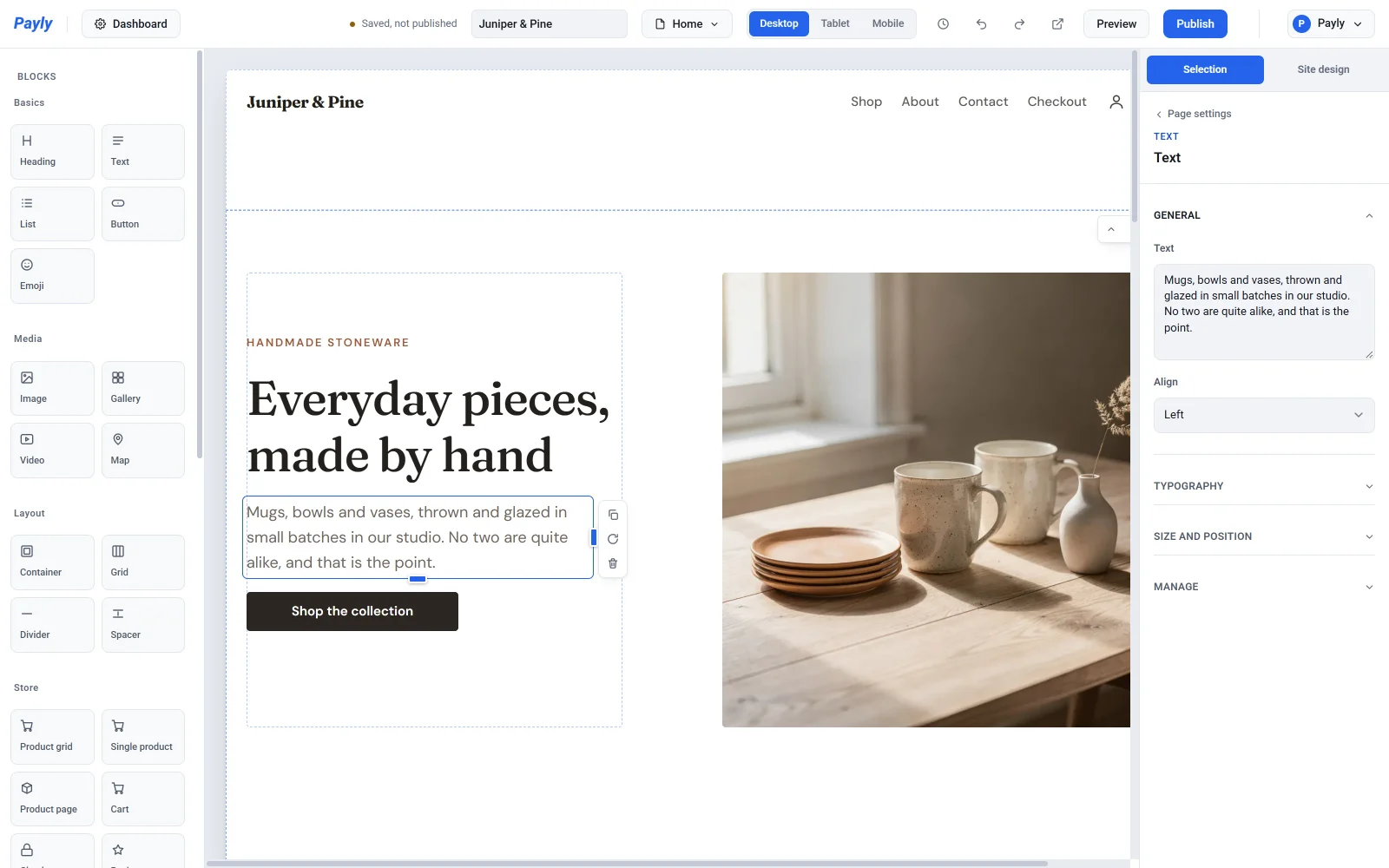 The editor with the paragraph under the main heading selected and its Text box open in the settings panel