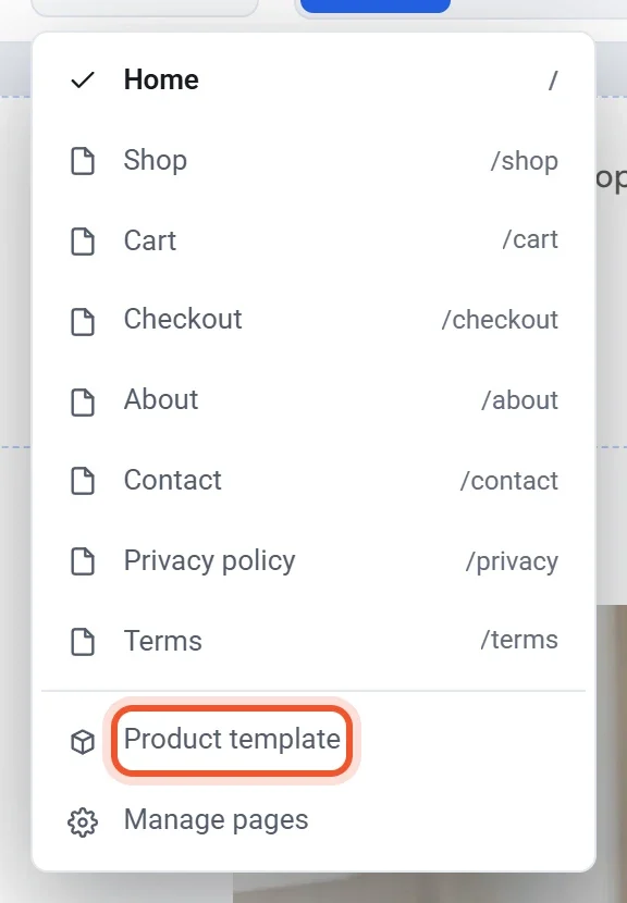 The page list in the editor, with Product template highlighted below the pages of the site