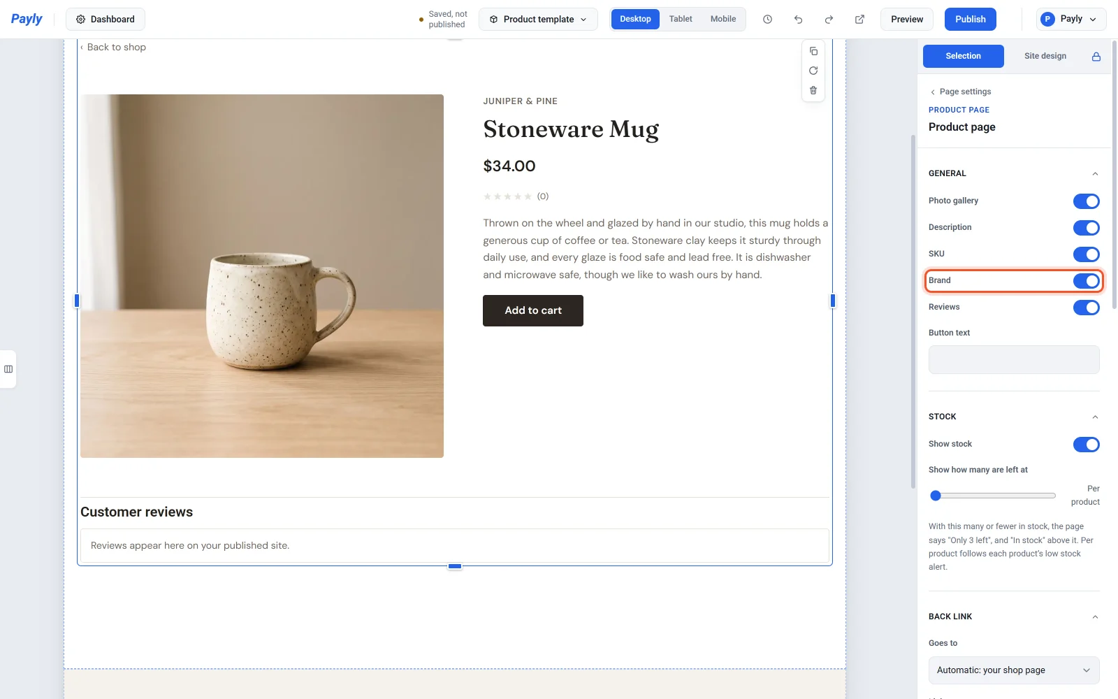 The Product template in the editor, with the brand Juniper & Pine above the name Stoneware Mug and the Brand switch turned on and highlighted