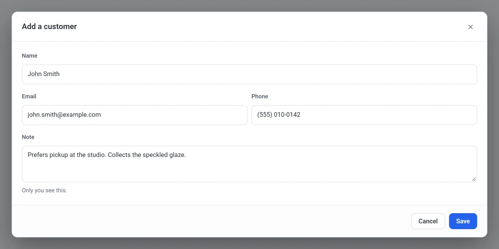 The Add a customer dialog filled in with a name, email address, phone number and a note