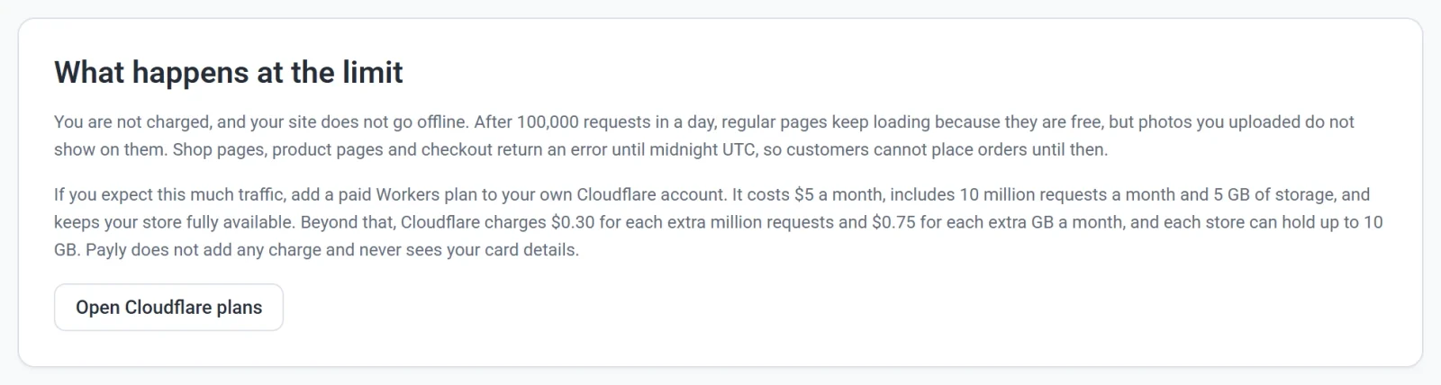 The What happens at the limit card, explaining that you are not charged and a button that opens Cloudflare plans