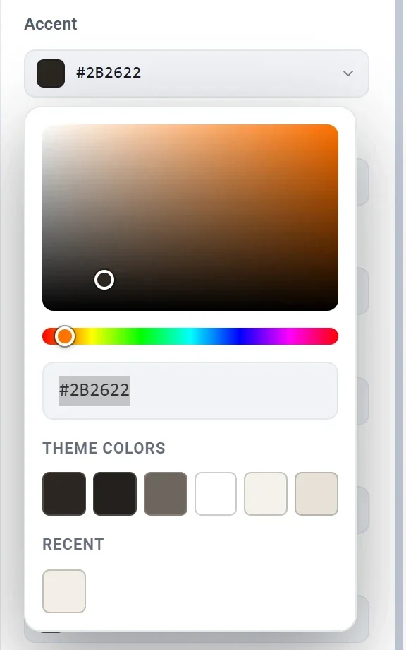 The color picker open under Accent, with a color square, a hue strip, a hex code box, theme colors and a recent color