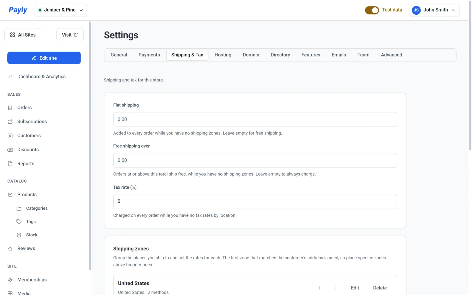 The Shipping & Tax tab of Settings, with the Flat shipping, Free shipping over and Tax rate fields above the start of the Shipping zones list