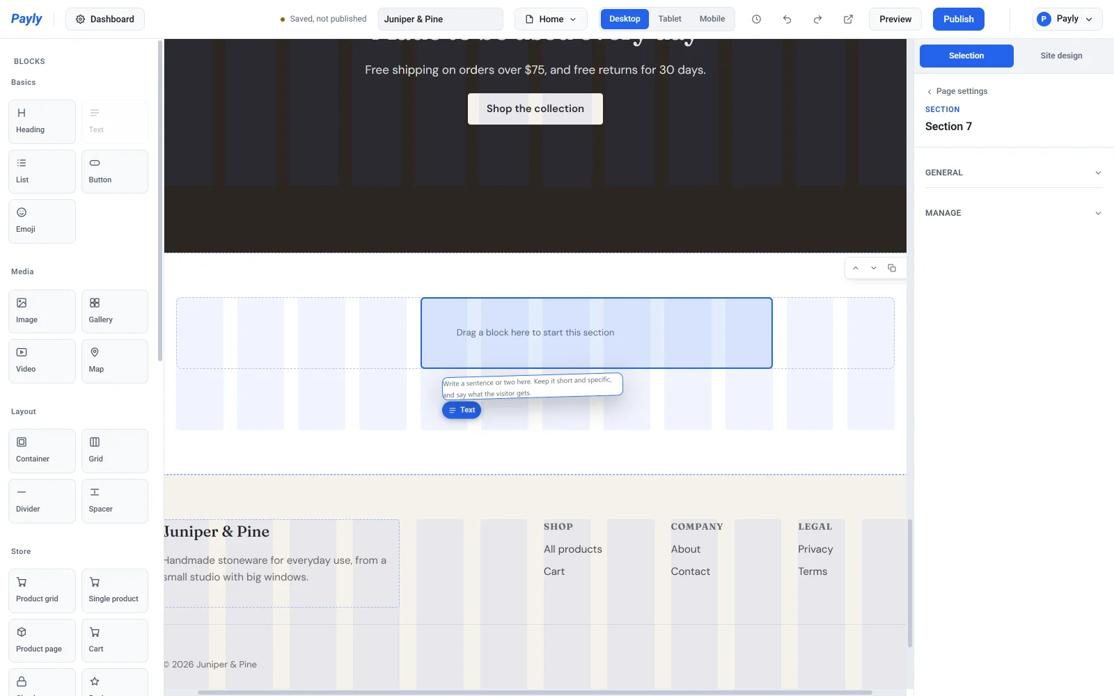A Text block being dragged from the Blocks panel into an empty section, with the 12 grid columns and a blue drop box showing where it will land