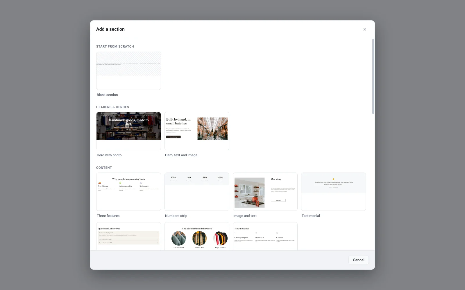 The Add a section window showing a Blank section and ready-made layouts under Headers and heroes and Content