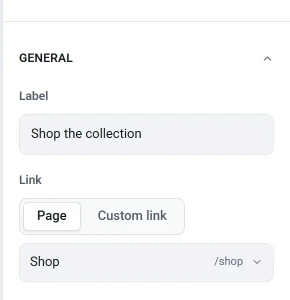 A button's settings showing its label, and a Link field with Page and Custom link choices