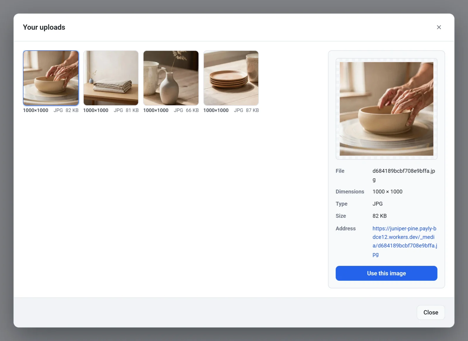 The Your uploads window showing four photos, with the first one chosen and its details and a Use this image button on the right