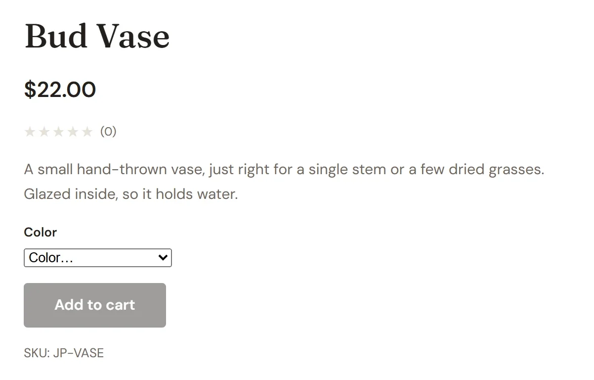 The Bud Vase product page with a Color drop-down list and a grayed-out Add to cart button
