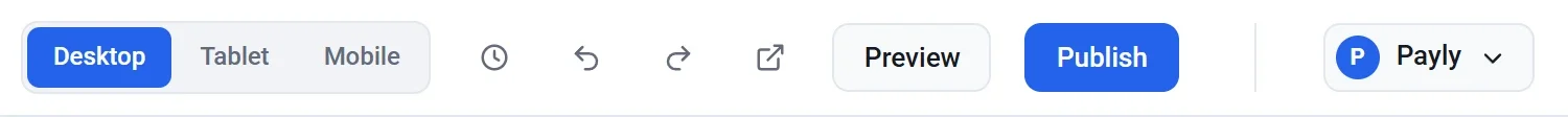 The right half of the top bar: the Desktop, Tablet and Mobile buttons, the Backups, Undo, Redo and View live site icons, and the Preview and Publish buttons