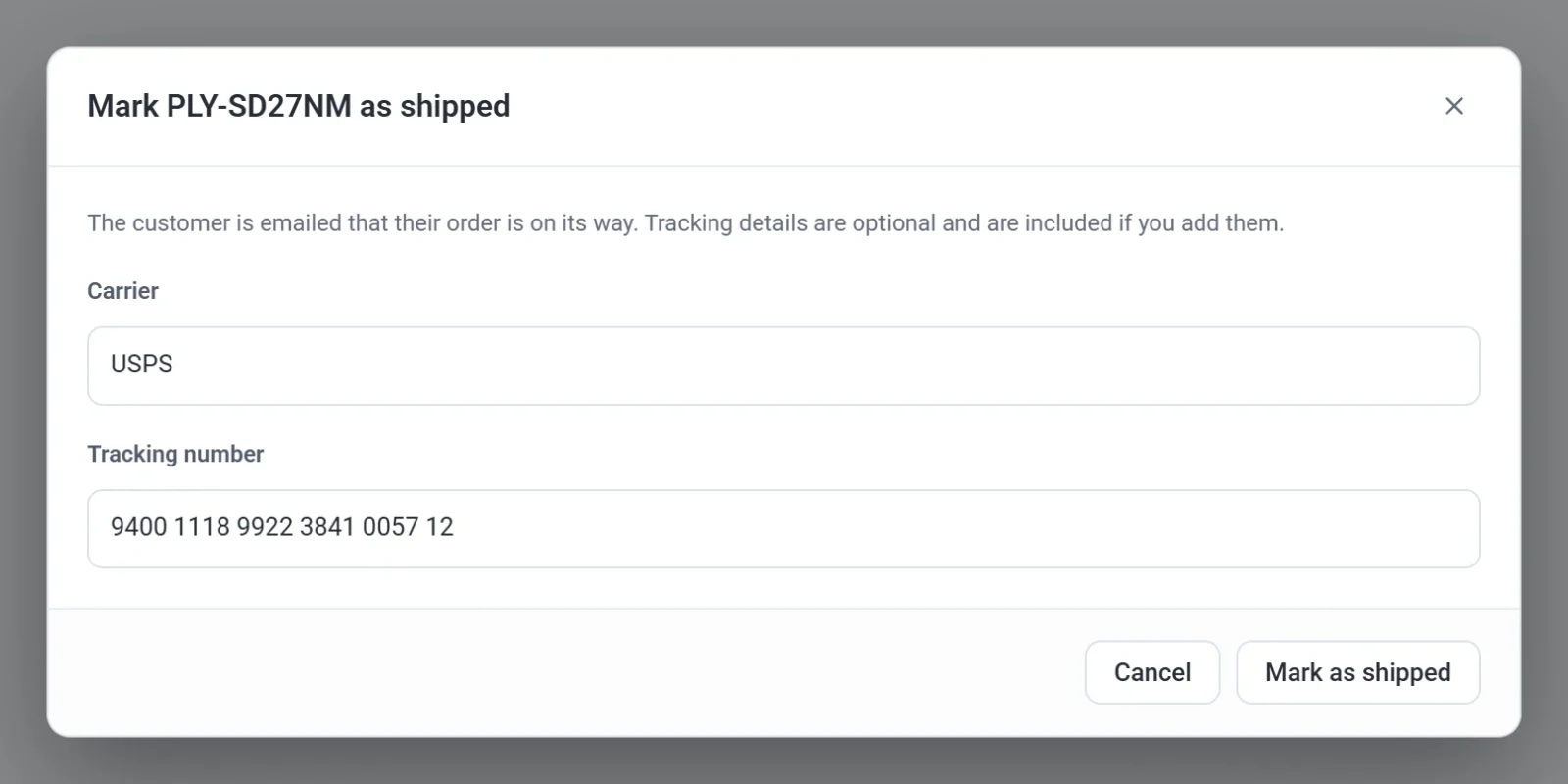 The Mark as shipped dialog with a carrier and a tracking number filled in