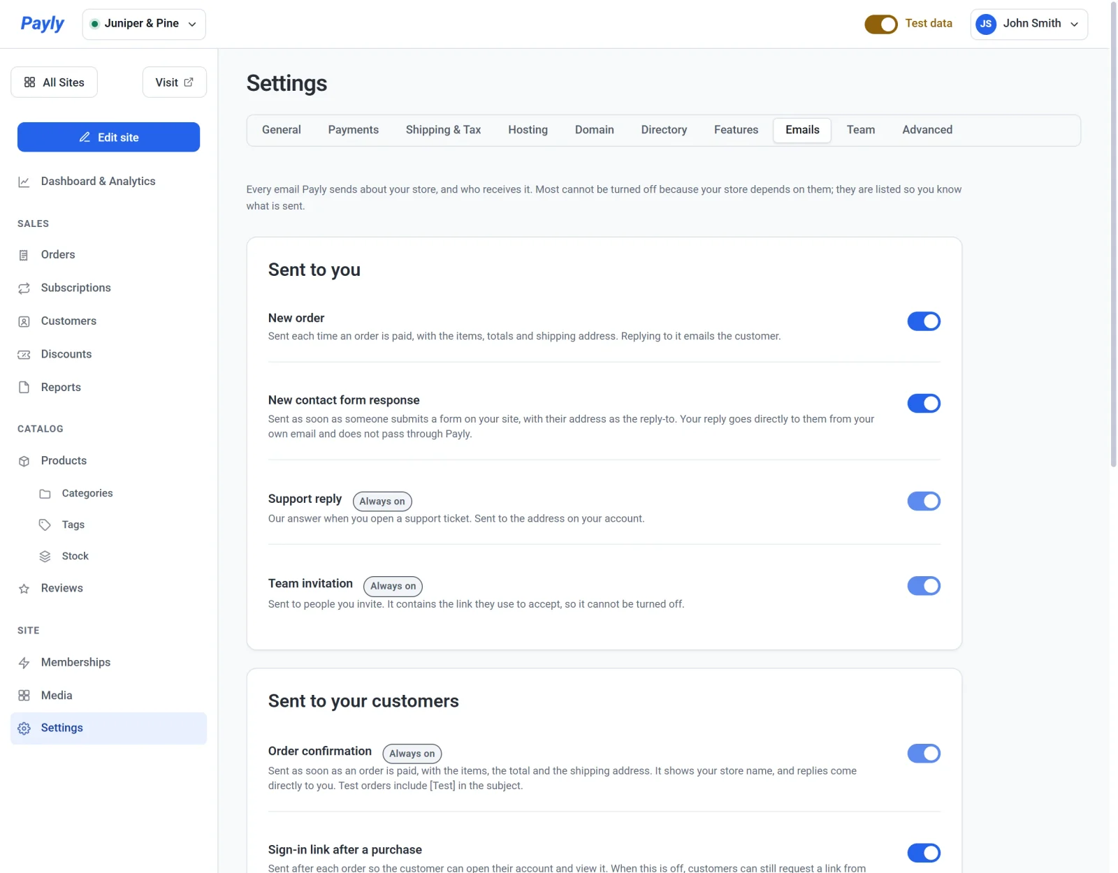 The Emails tab of Settings, with the Sent to you card listing New order, New contact form response, Support reply and Team invitation, and the start of the Sent to your customers card