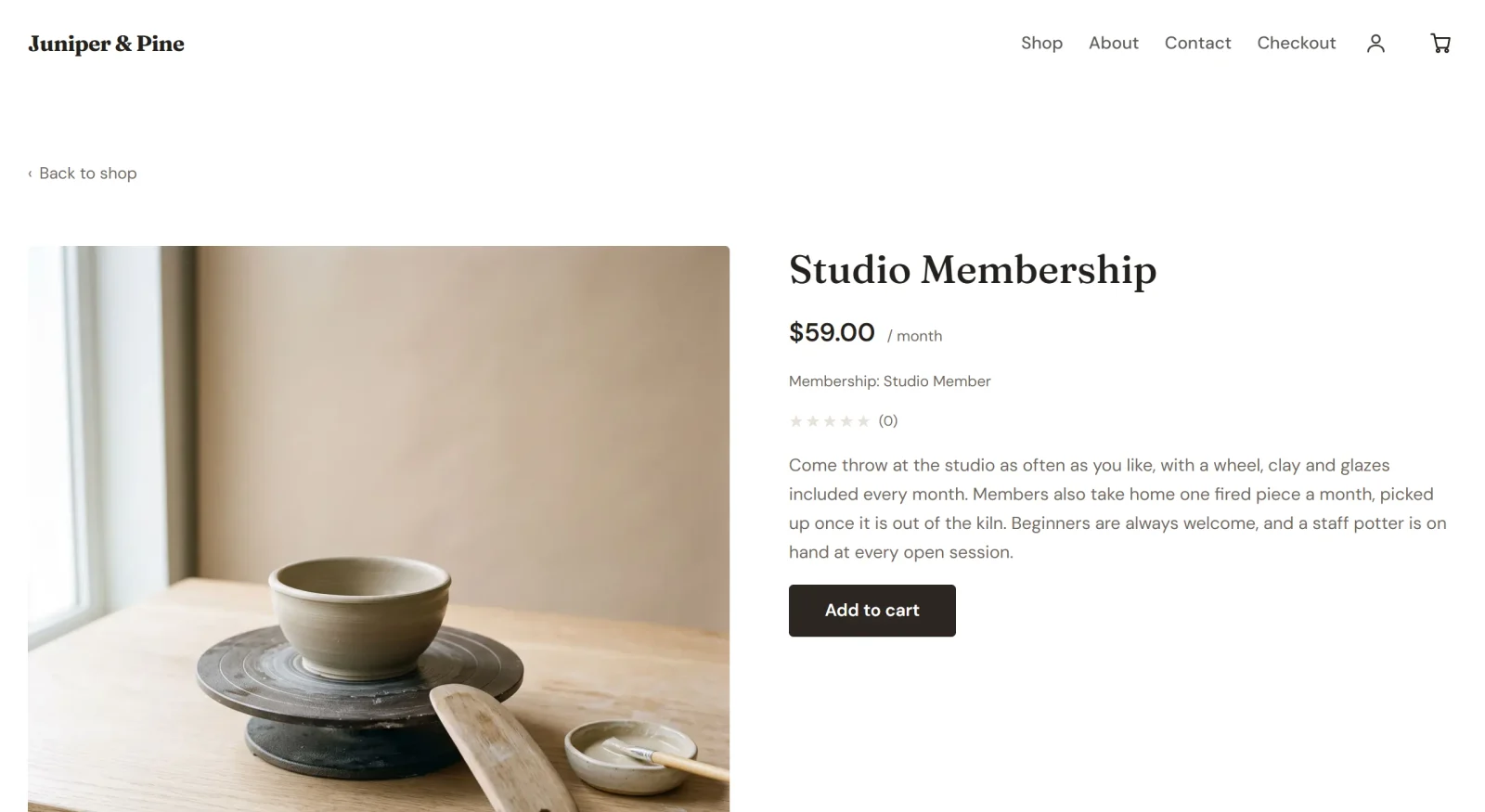 The Studio Membership product page on the store, showing a price of $59.00 per month and the line Membership: Studio Member