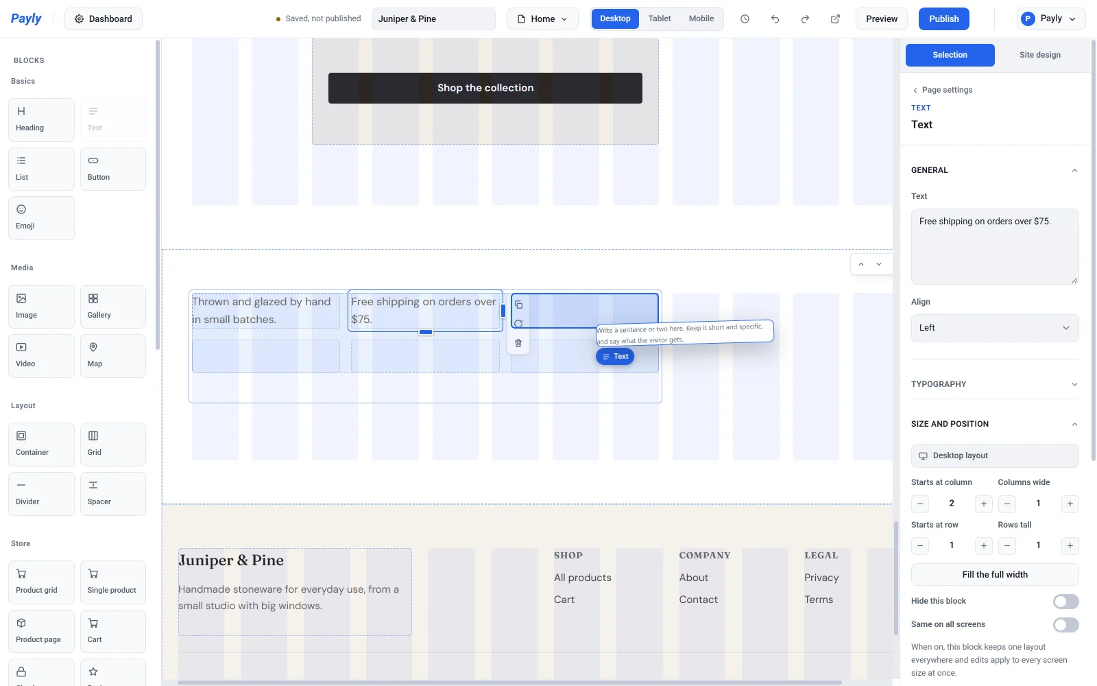 A Text block being dragged onto the third cell of a grid, with the cell highlighted in blue