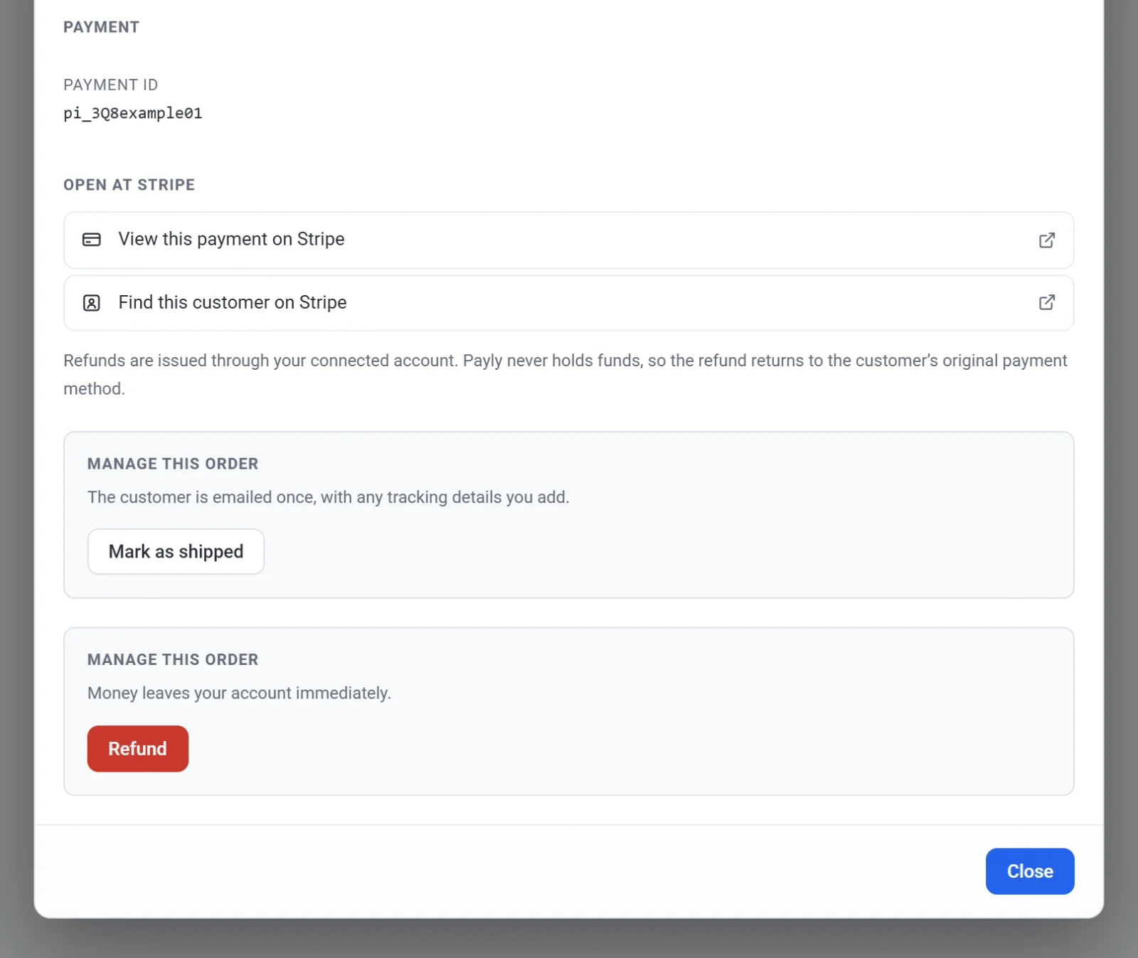 The lower part of an order pop-up with the Mark as shipped and Refund buttons