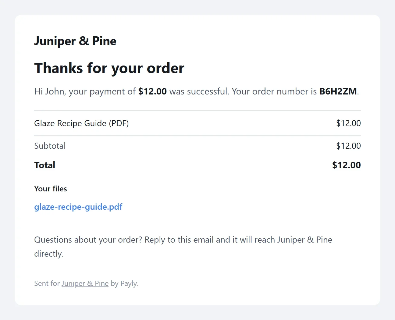 An order confirmation email from the store for the Glaze Recipe Guide, with the total of $12.00 and, under Your files, a link named glaze-recipe-guide.pdf