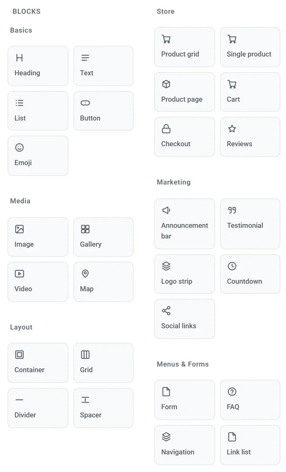 The editor's block panel, with blocks grouped under Basics, Media, Layout, Store, Marketing, and Menus and Forms