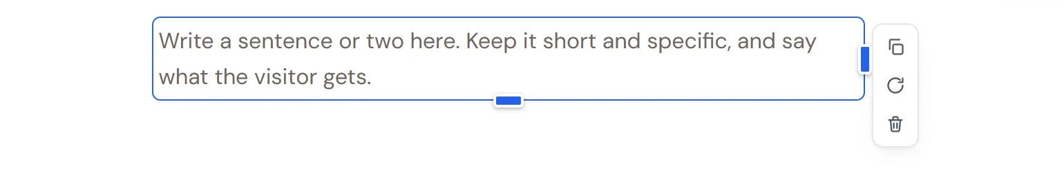A selected Text block with a blue outline, a resize handle on its right and bottom edges, and a toolbar with Duplicate, Rotate and Delete buttons