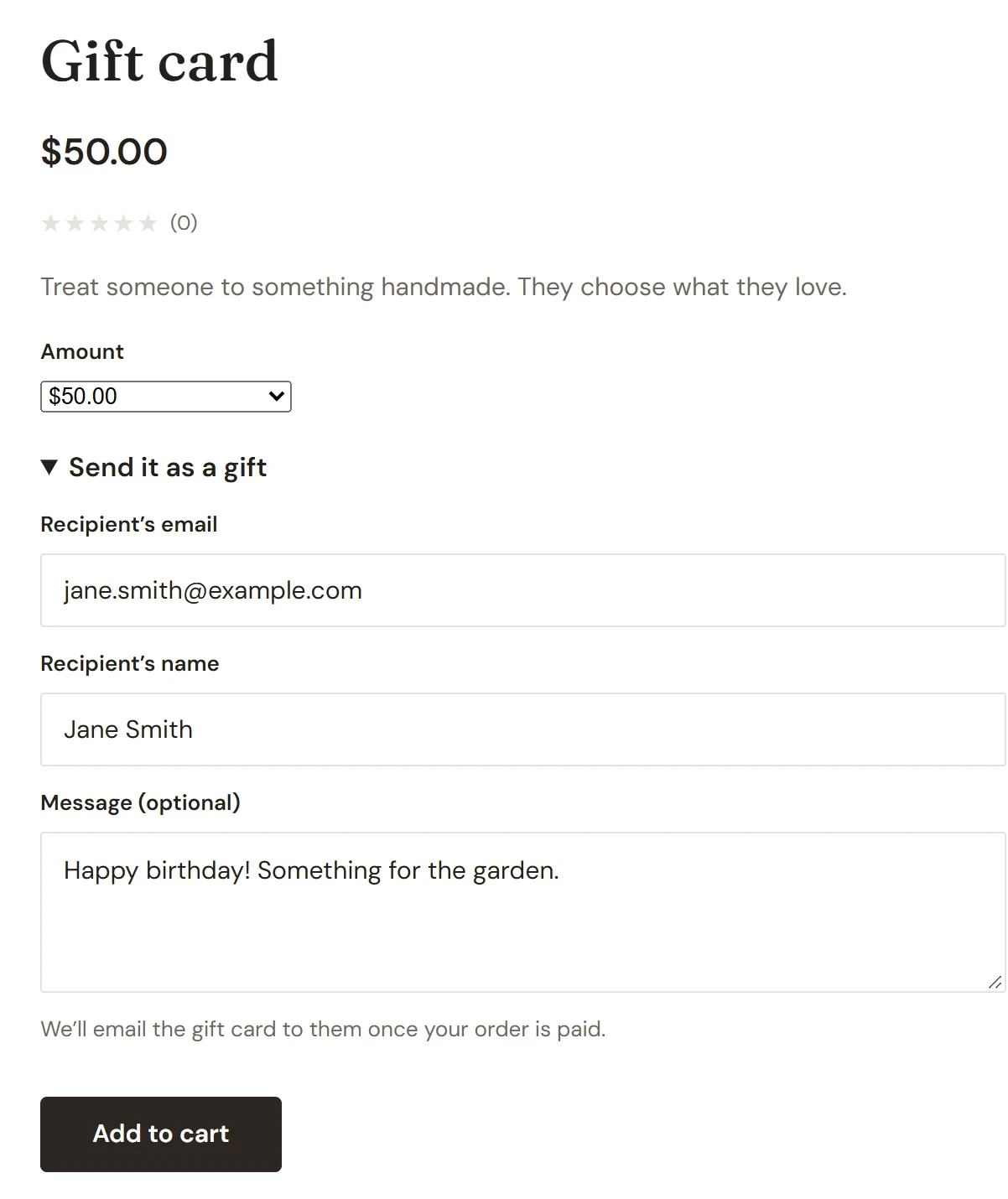 A store's gift card page with $50.00 chosen and Send it as a gift open, showing the recipient's email and name, a message, and Add to cart