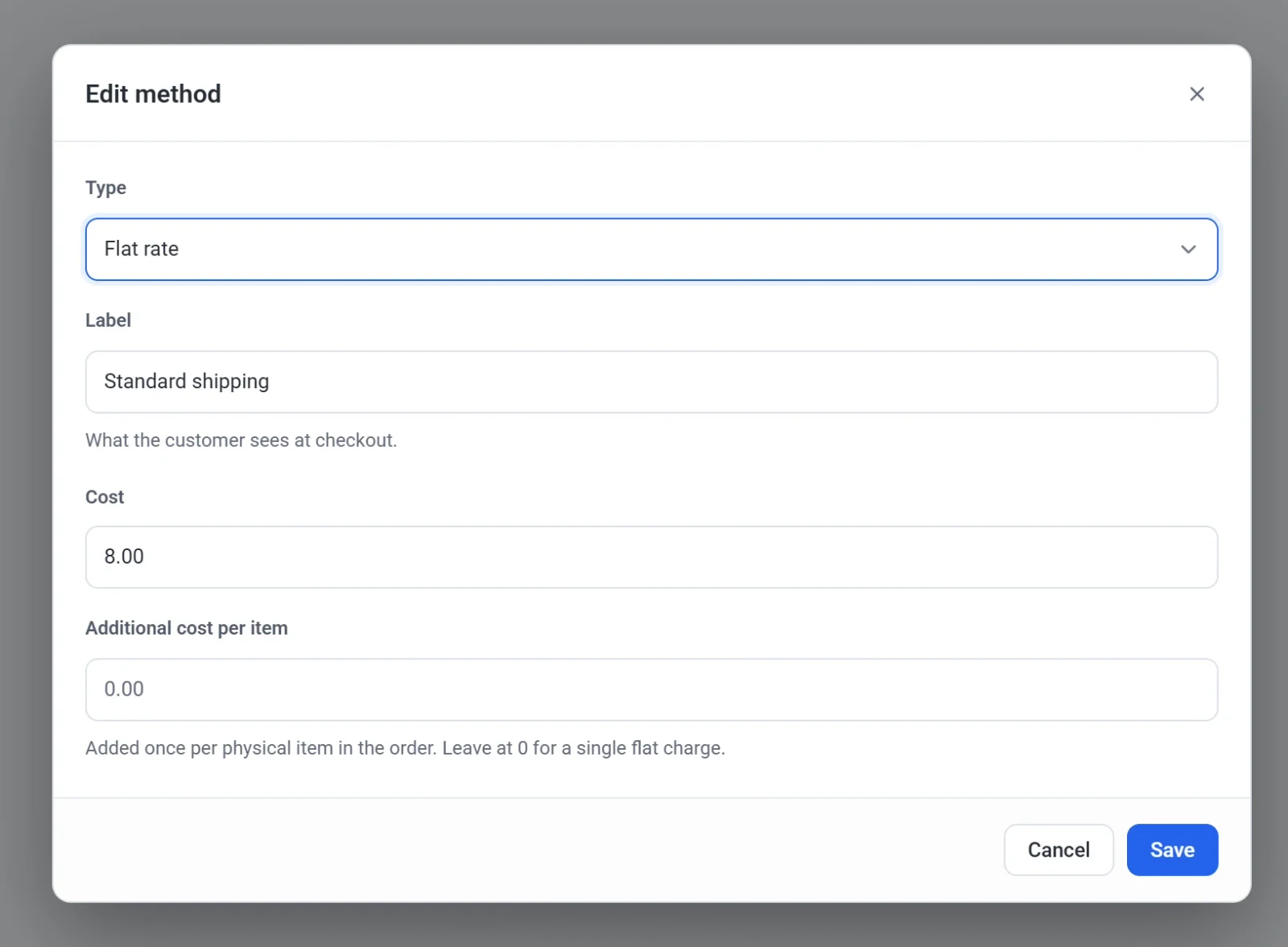 The Edit method dialog for a flat rate called Standard shipping with a cost of 8.00 and an empty additional cost per item