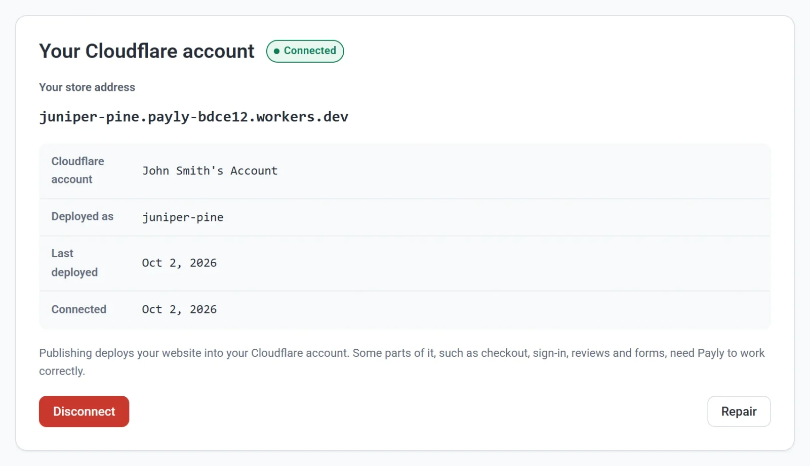 The Hosting tab with a connected Cloudflare account, the store address, the account name and the name the store is deployed as