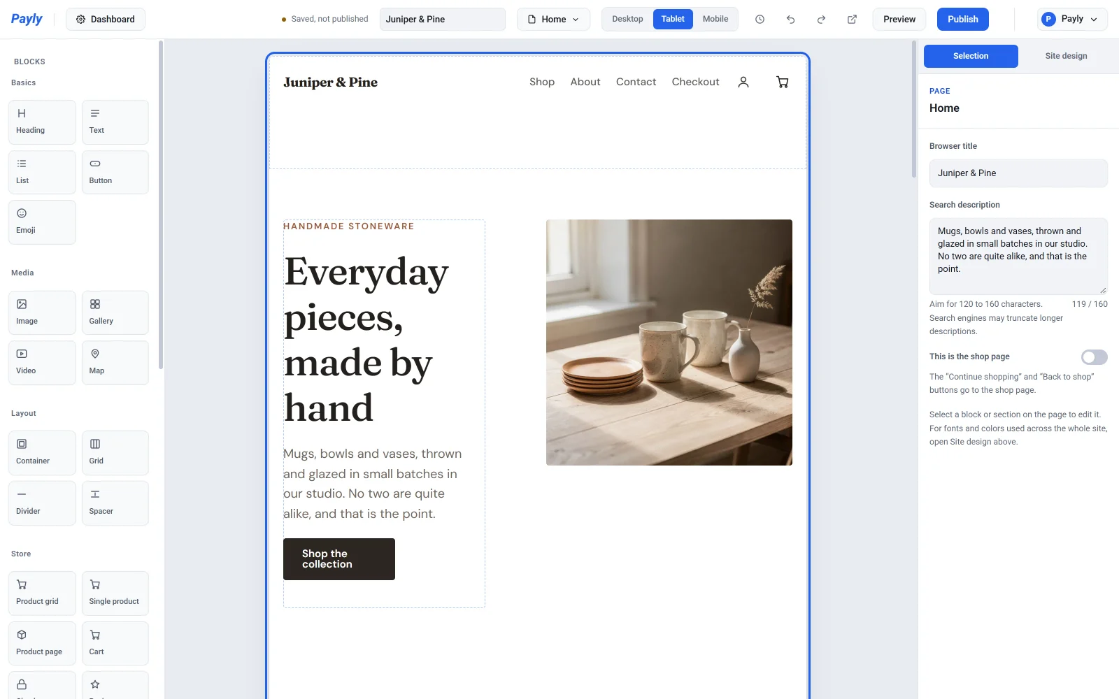 The editor in Tablet view, showing the home page at tablet width with the Tablet button selected