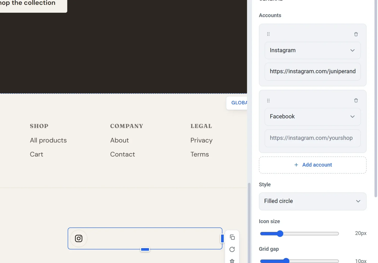 A Social links block dropped into the footer, with an Instagram address entered in the settings panel