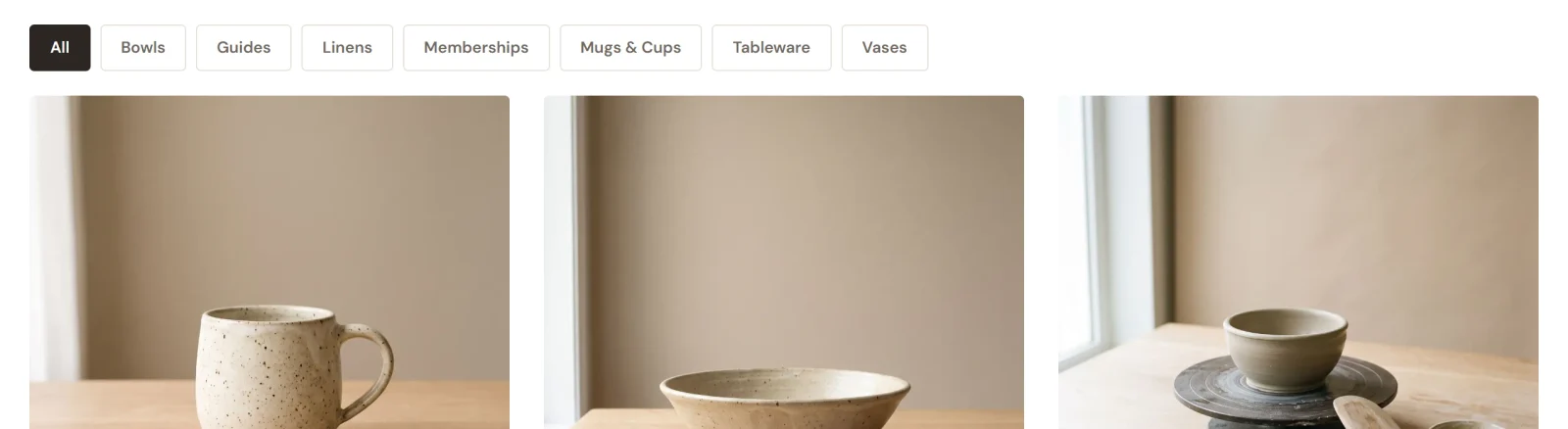The Shop page on the published store, with category filter buttons above a row of product photos