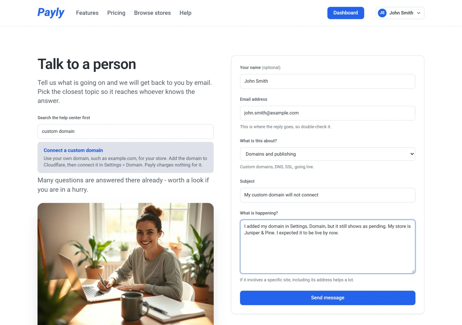 The Talk to a person page with a filled-in form: name John Smith, email john.smith@example.com, topic Domains and publishing, a subject and a message