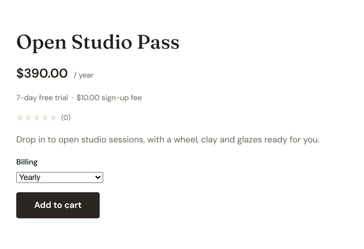 The same product page after choosing Yearly, now showing $390.00 per year
