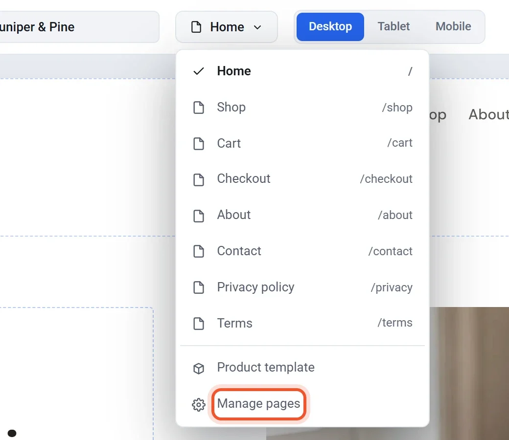 The page list in the editor's top bar with the Manage pages item highlighted