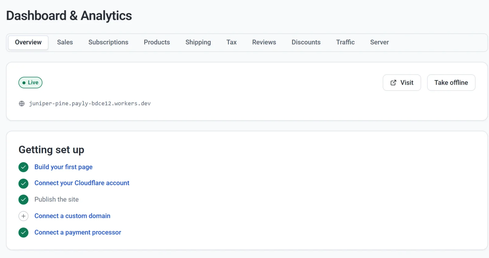 The Overview tab of a live site, with its store address and the Getting set up checklist, where four of the five steps are done