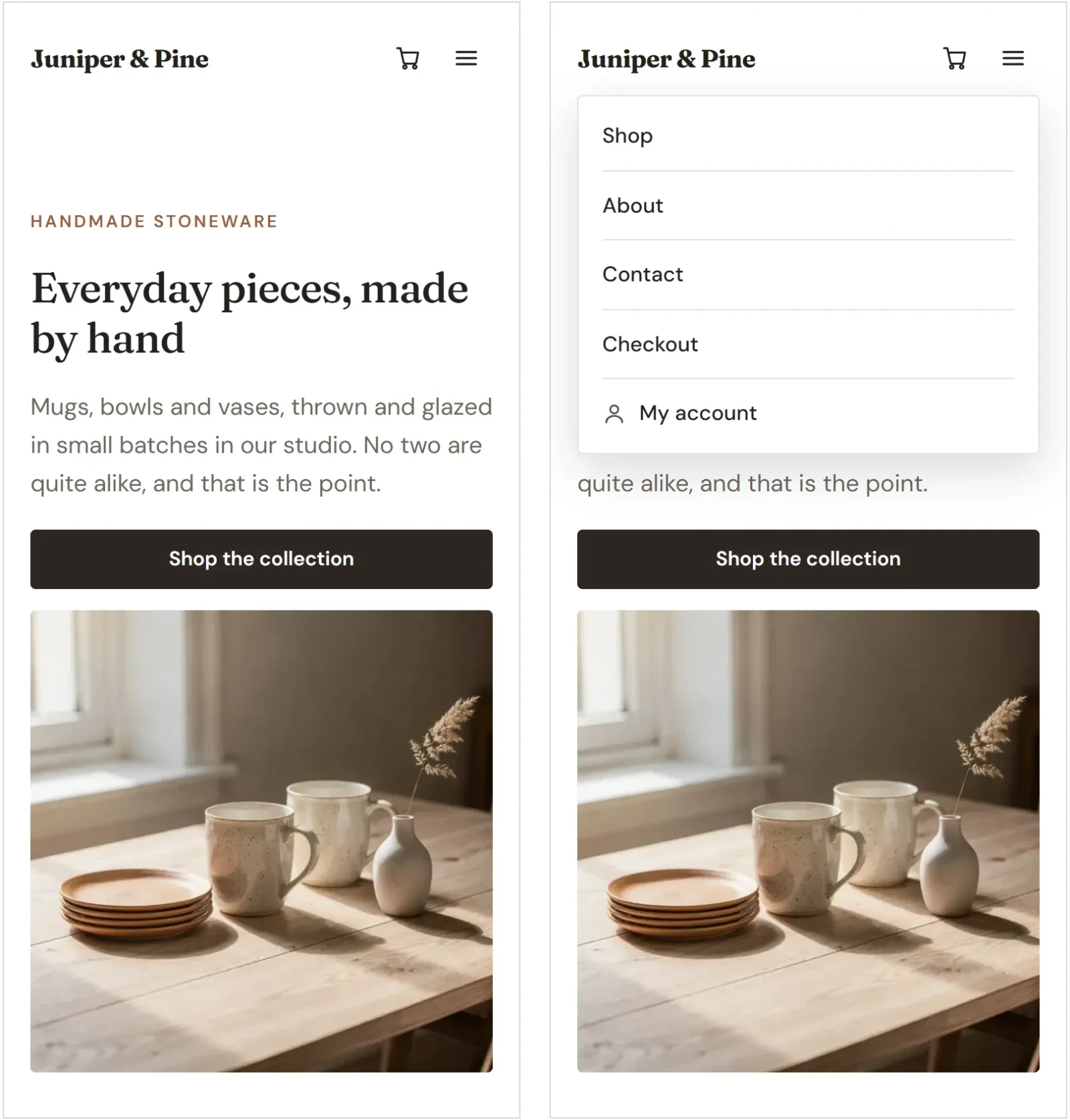The Juniper and Pine home page on a phone, with the text, button and photo stacked in one column, next to the same page with the menu button opened