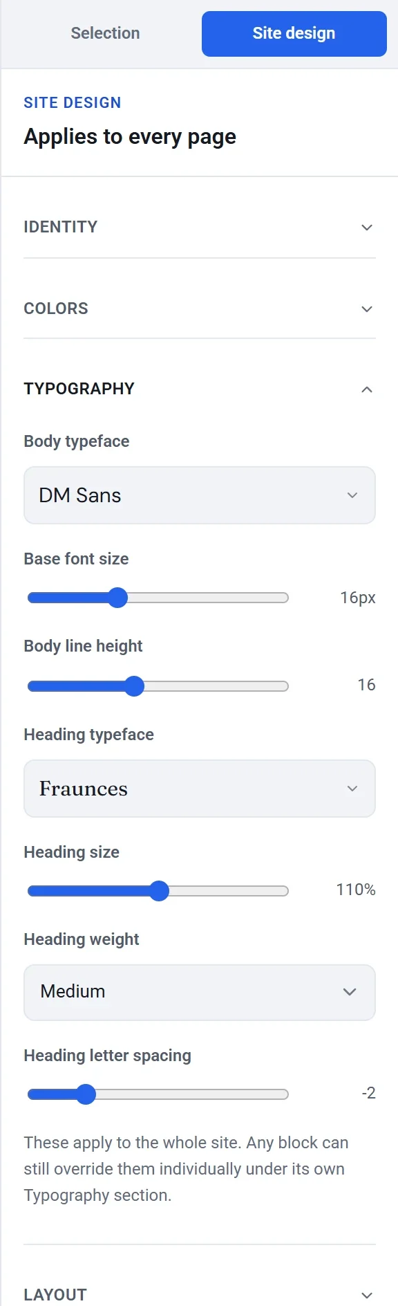 The Typography group with Body typeface, Base font size, Body line height, Heading typeface, Heading size, Heading weight and Heading letter spacing