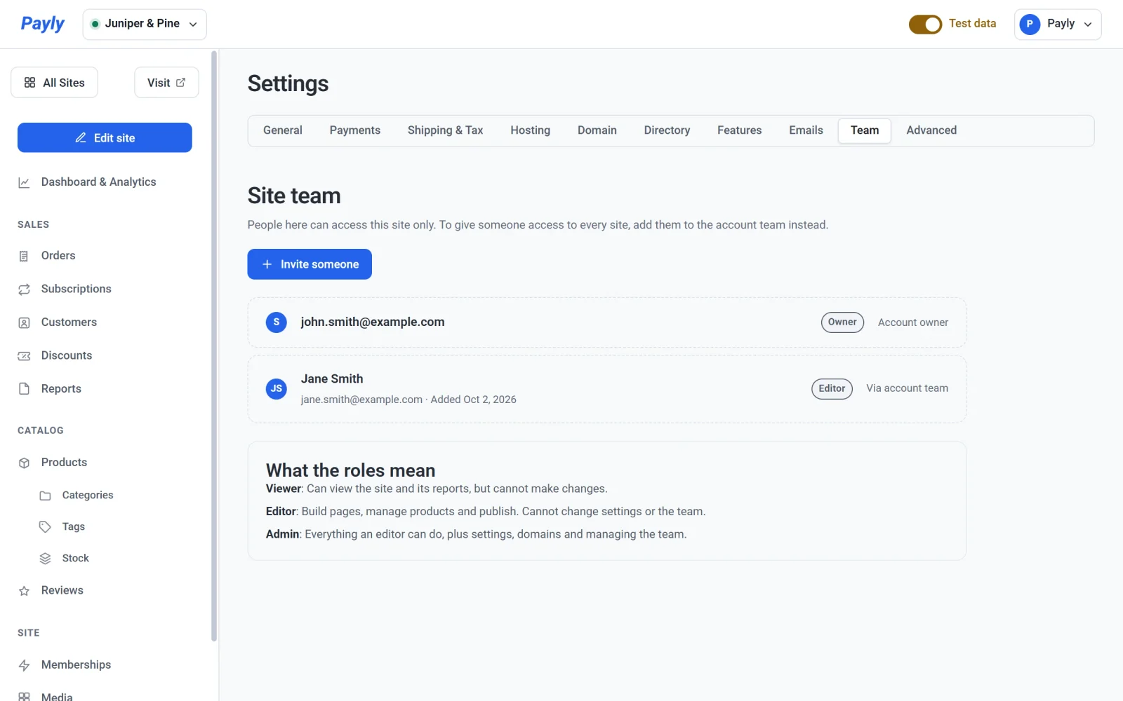 The Team tab of a site's settings, listing the owner and a dimmed Jane Smith row labeled Via account team, above the What the roles mean notes
