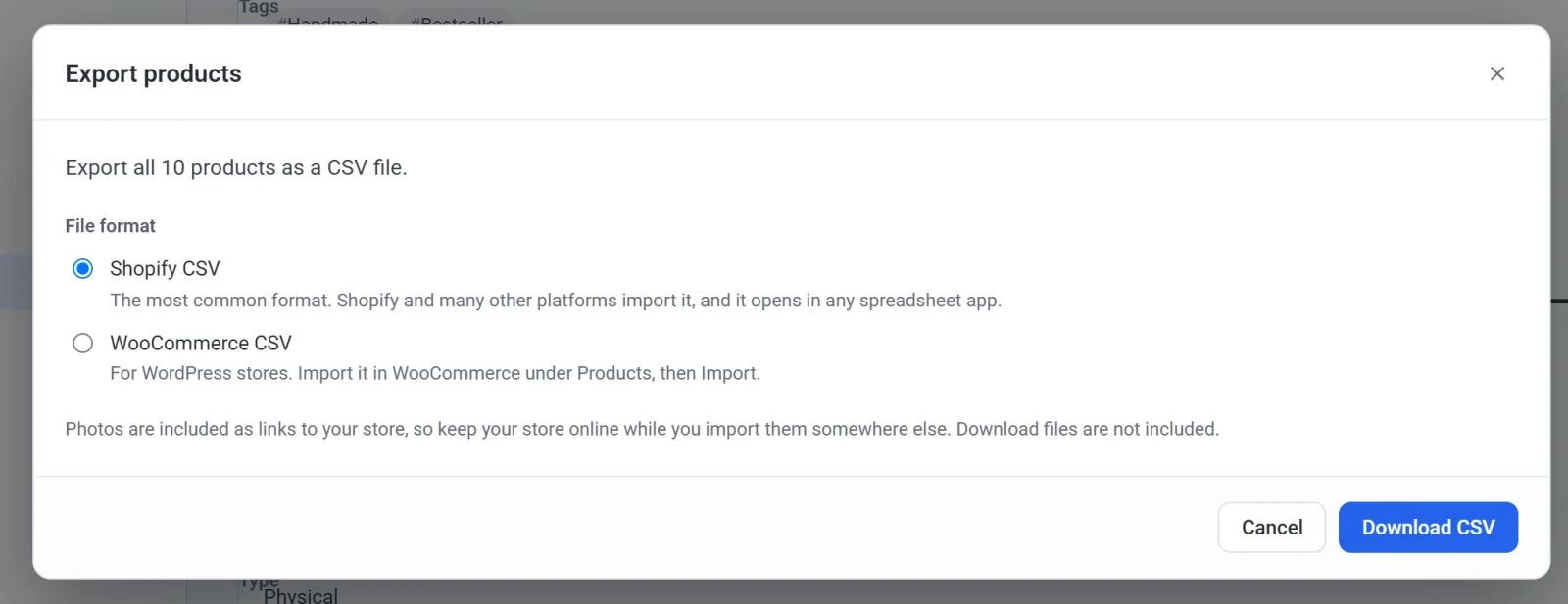The Export products dialog with the Shopify CSV and WooCommerce CSV choices and the Download CSV button